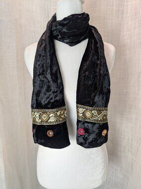 India Arts Black Velour Embroidered Scarf 9.5" x 58"